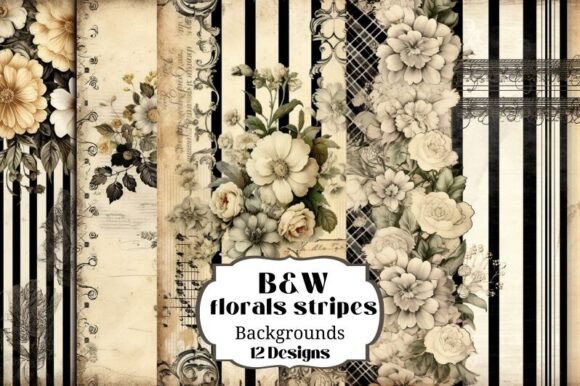 Timeless Textures: 12 Vintage B&W Stripe Floral Backgrounds